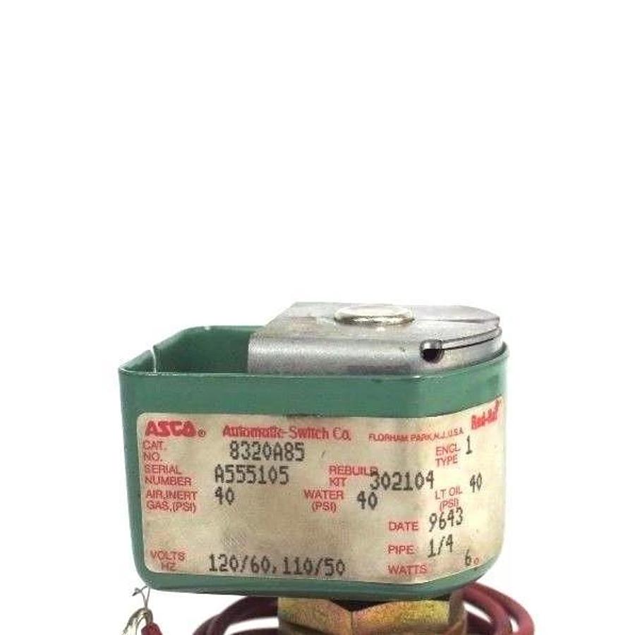 Used ASCO 8320A85 SOLENOID VALVE 1/4'' PIPE, 110-120V, 50/60HZ, 40 PSI, MISSING TOP