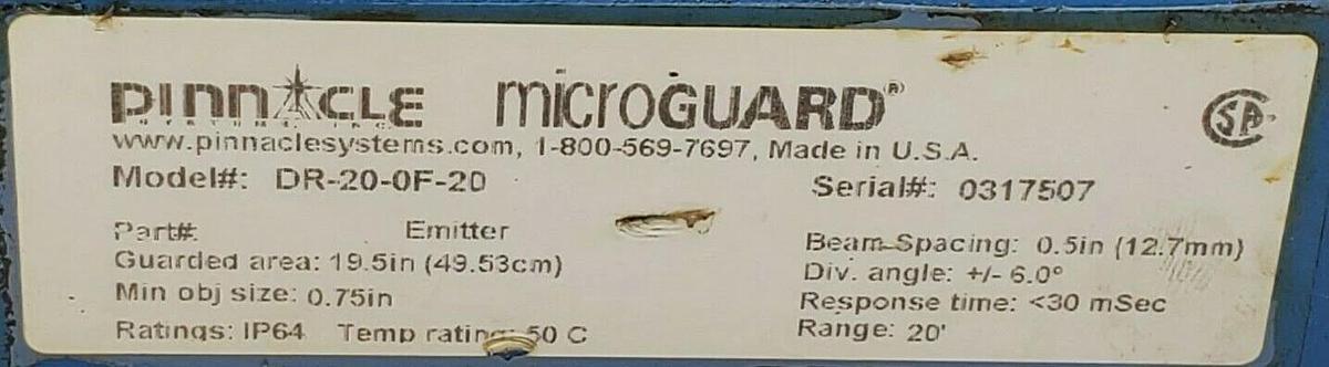 Used PINNACLE MICROGUARD DR-20-0F-20 SAFETY LIGHT CURTAIN EMITTER DR200F20