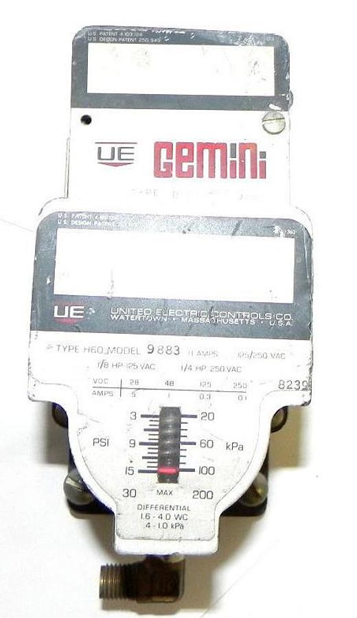 Used UNITED ELECTRIC TYPE H60 MODEL 9883, INCLUDES AIR PRESSURE SWITCH H60 MODEL 9885