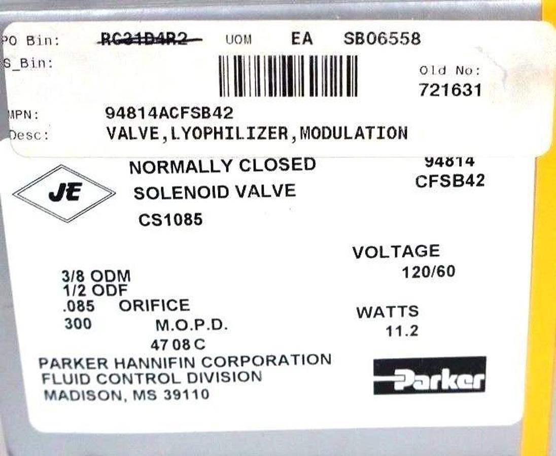 NIB PARKER 94814ACFSB42 NORMALLY CLOSED SOLENOID VALVE 11.2 WATTS, 0.085 ORIFICE