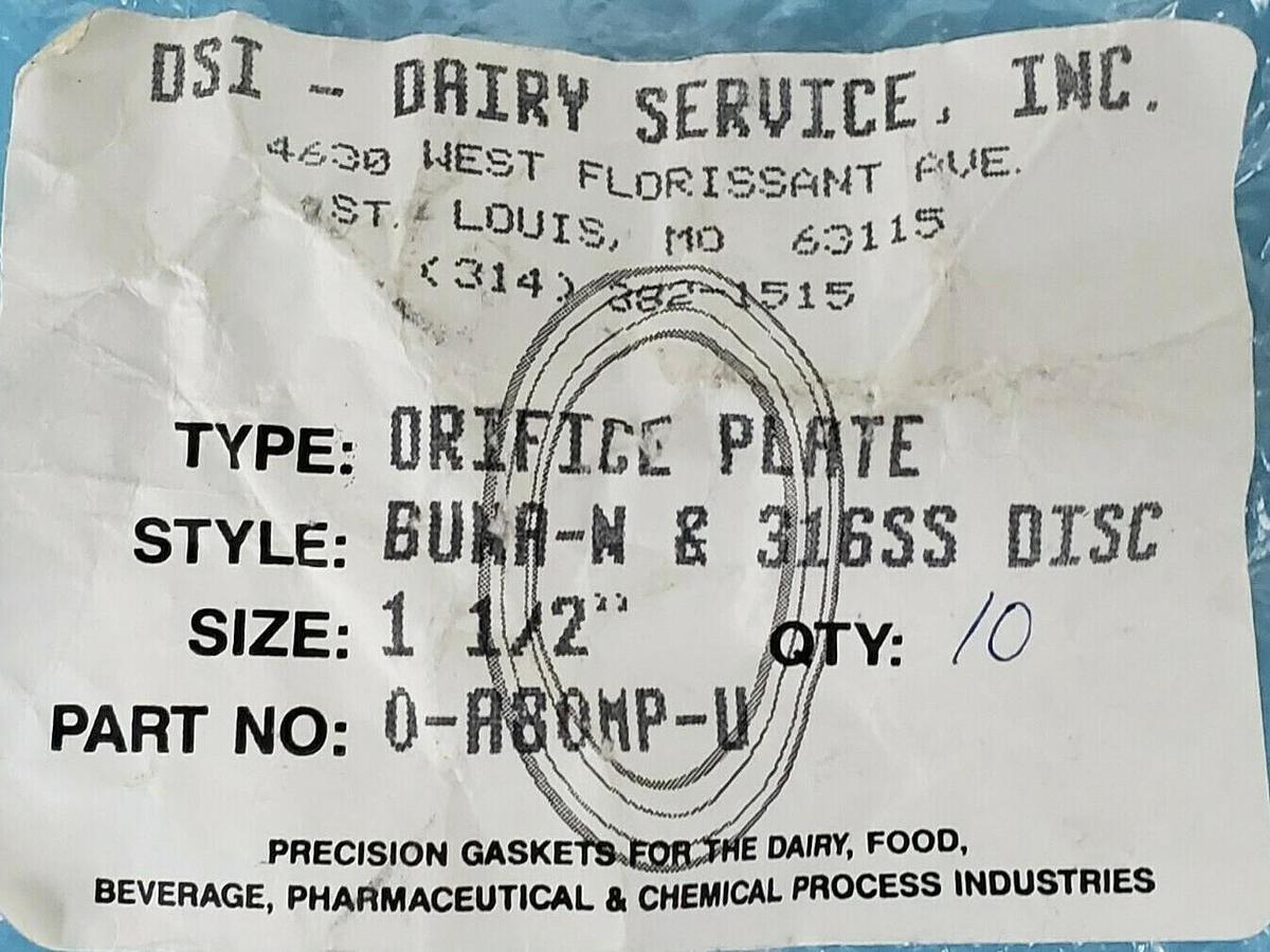 Used LOT OF 7 NEW DAIRY SERVICE 0-A80MP-U ORIFICE PLATES BUNA-N 316SS DISCS 1-1/2''
