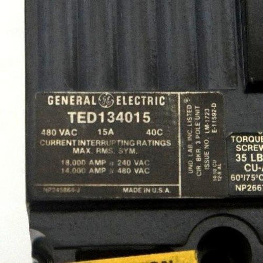 Used NIB GENERAL ELECTRIC TED134015 CIRCUIT BREAKER 15AMP 3 POLE TED134015WL