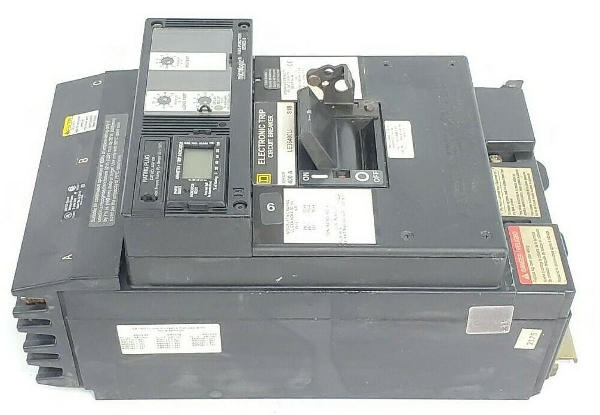 Used SQUARE D LE36400LI MOLDED CASE CIRCUIT BREAKER 600V, 400A W/ TRIP ARP100 PLUG KI