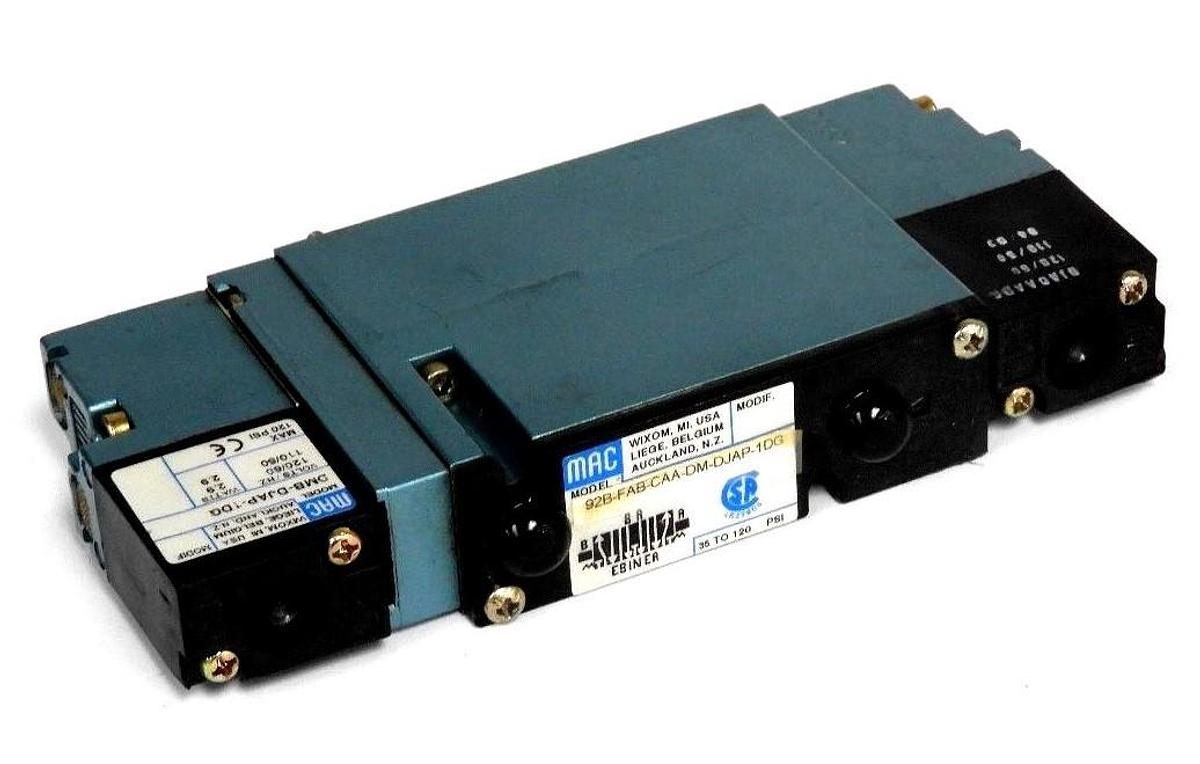 Used MAC 92B-FAB-CAA-DM-DJAP-1DG SOLENOID VALVE W/ TWO DMB-DJAP-1DG VALVES