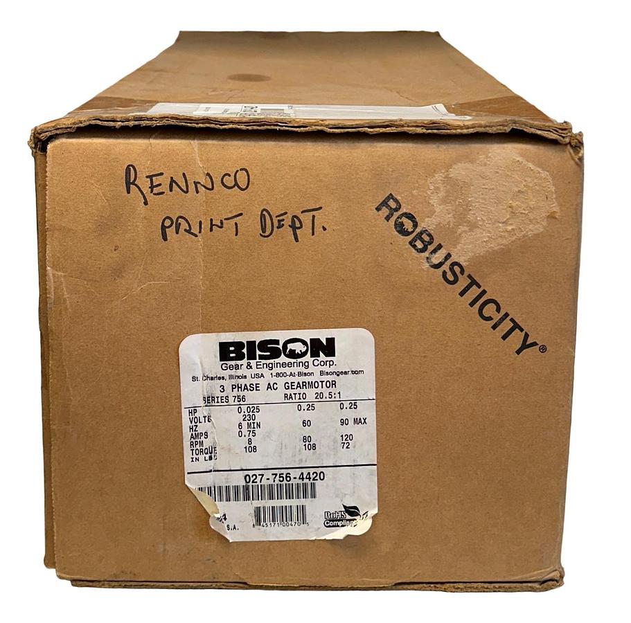 Used BISON 027-756-4420 / 151-H00-0065 AC GEARMOTOR 3-PHASE INVERTER DUTY 1/4HP NSMP