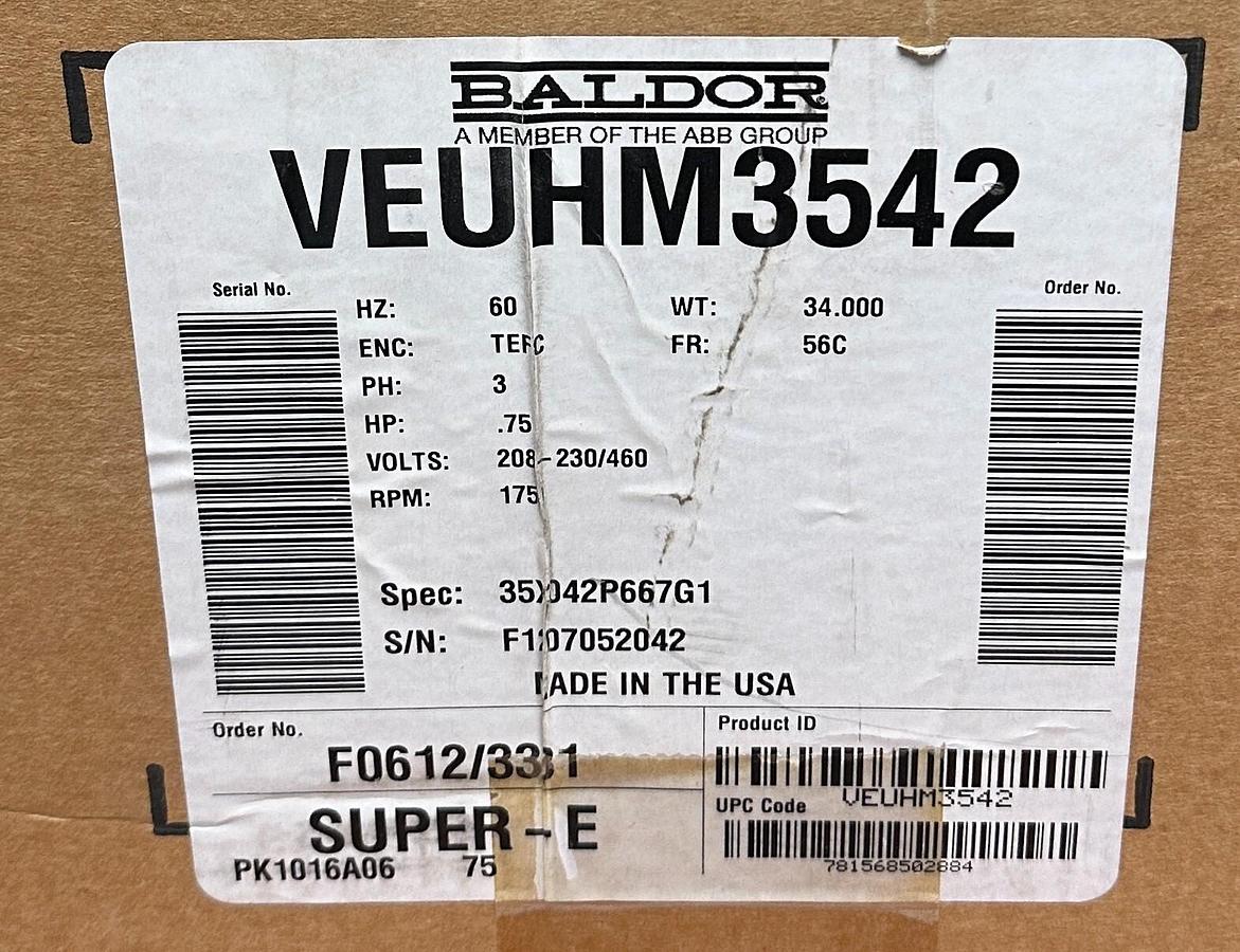 Used BALDOR RELIANCE VEUHM3542 / 35X042P667G1 SUPER-E INDUSTRIAL MOTOR .75HP NSMP