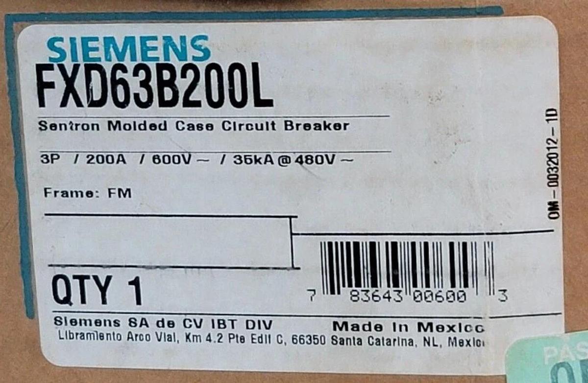Used NIB SIEMENS FXD63B200L SENTRON MOLDED CASE CIRCUIT BREAKER 3P 200A 600V