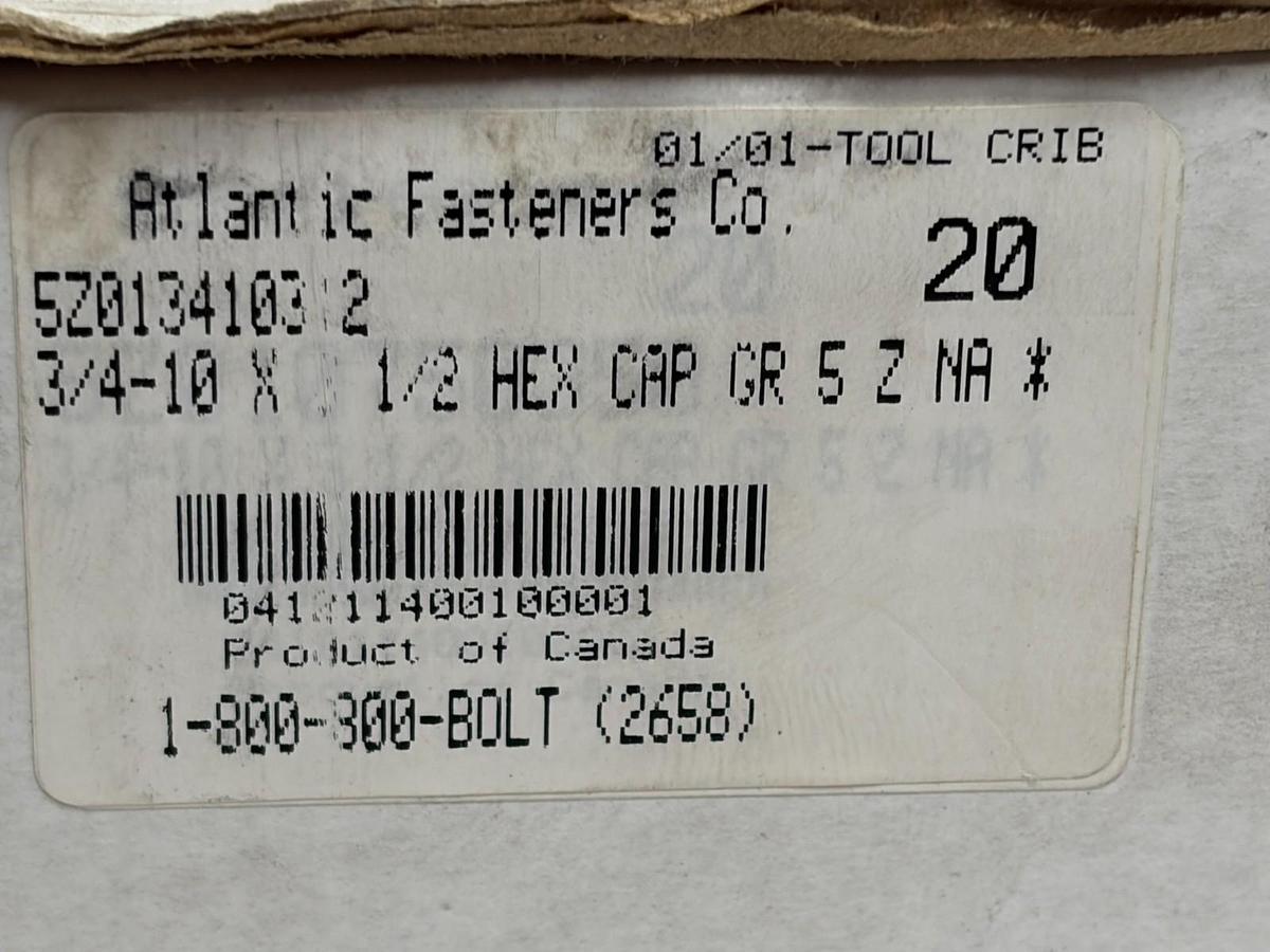Used Box of 20 Atlantic Fasteners 3/4-10 x 2-1/2" Grade 5 Zinc Hex Cap Screw Bolts