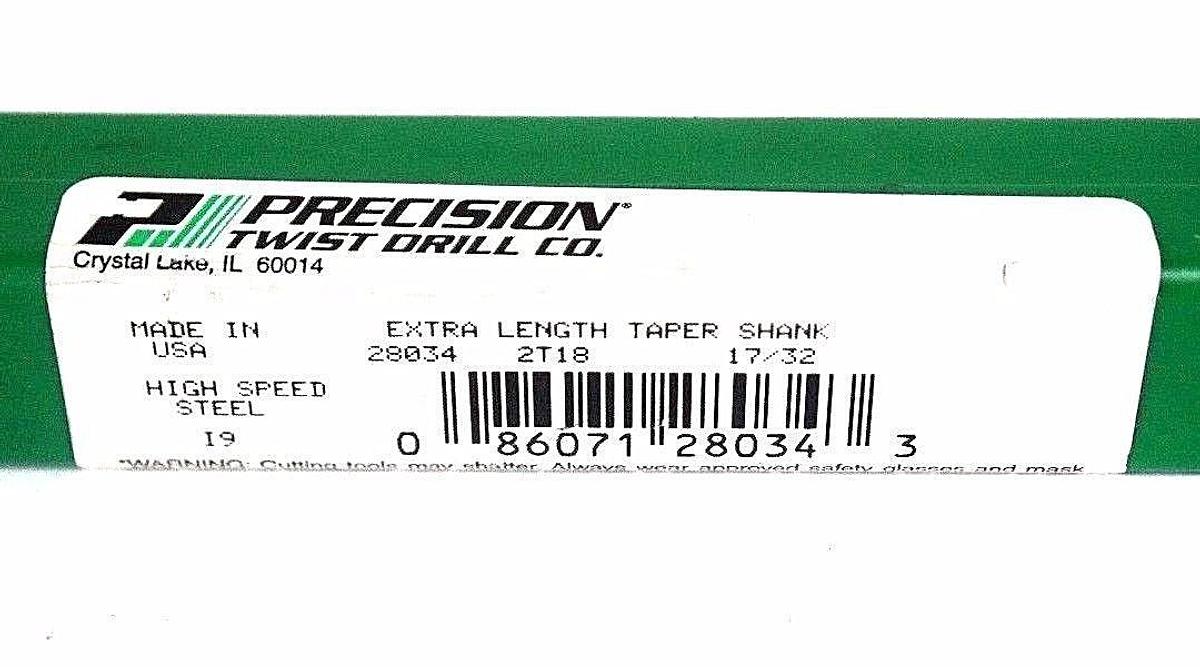 Used NEW PRECISION TWIST DRILL CO. 28034, 2T18, 17/32 EXTRA LENGTH TAPER SHANK HSS 19