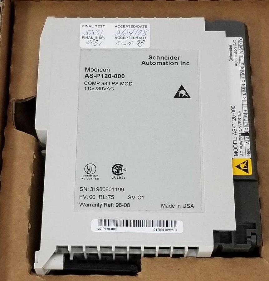 Used NIB SCHNEIDER AUTOMATION AS-P120-000 COMP 984 PS MOD PV: 00 RL: 75 SV: C1