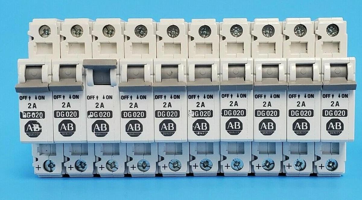 Used LOT OF 10 ALLEN BRADLEY 1492CB1DG020 CIRCUIT BREAKERS, 1492-CB1-DG-020, 2A, 1P