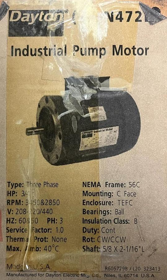Dayton 3N472B AC Motor | 3/4 HP 3450 RPM | 3-Phase 208-220/440V | 56C TEFC