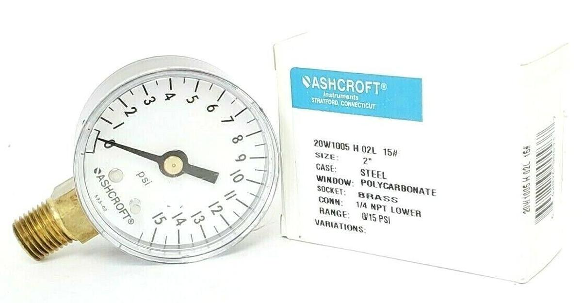 Used NIB ASHCROFT 20W-1005-H-02L-15 PRESSURE GAUGE 0-15PSI 2'' IN. 1/4 NPT LOWER