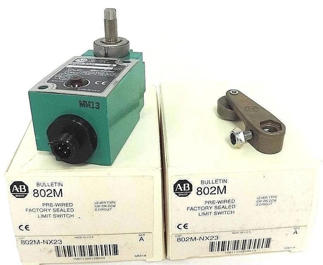 Used LOT OF 2 NIB ALLEN BRADLEY 802M-NX23 PRE-WIRED LIMIT SWITCHES 802MNX23, SER. A