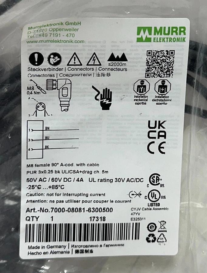 Used 2 MURR ELEKTRONIK 7000-08041-6100500 / 7000-08081-6300500 CONNECTION CABLES NSFS