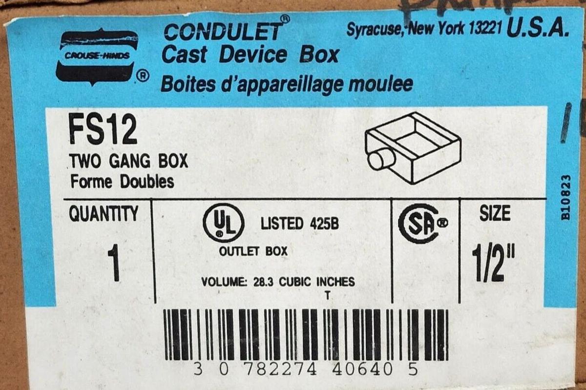 Used LOT OF 2 NIB CROUSE HINDS FS12 TWO GANG BOXES SIZE: 1/2''