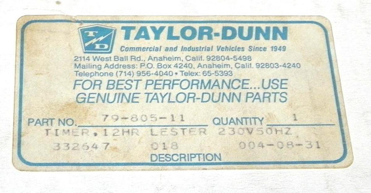NIB TAYLOR DUNN 79-805-11, 12HR LESTER TIMER 7980511