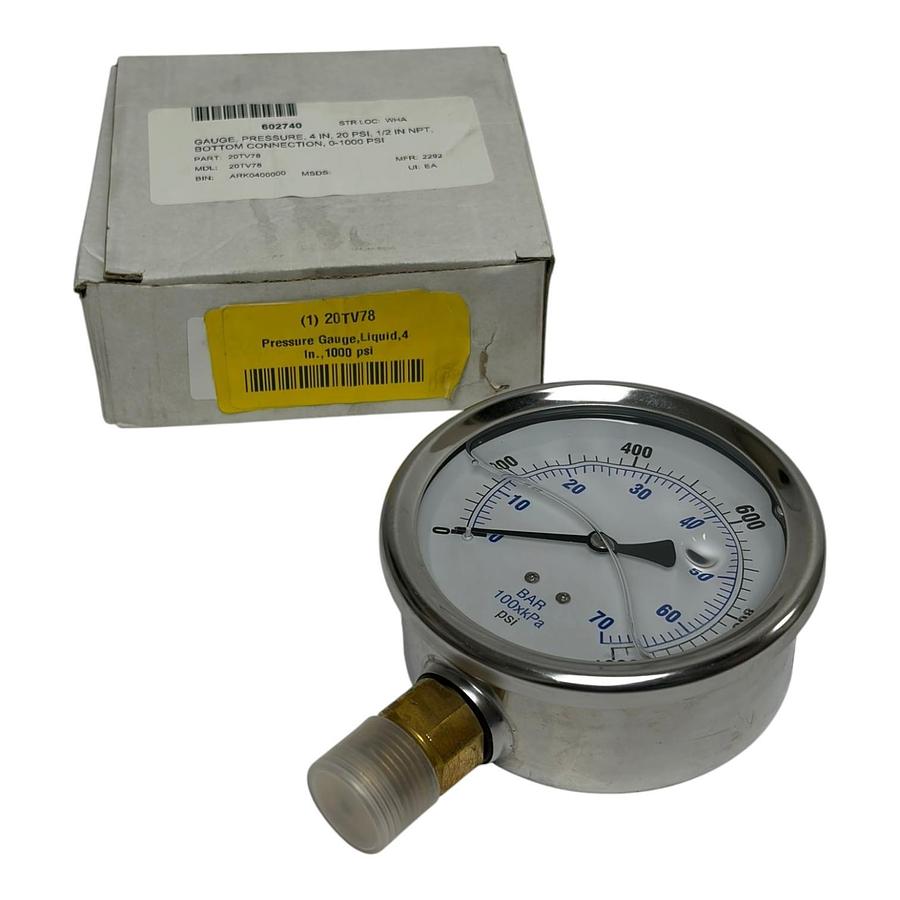 Used McMaster-Carr 20TV78 4" Liquid Filled Pressure Gauge 0-1000 PSI 1/2" NPT New
