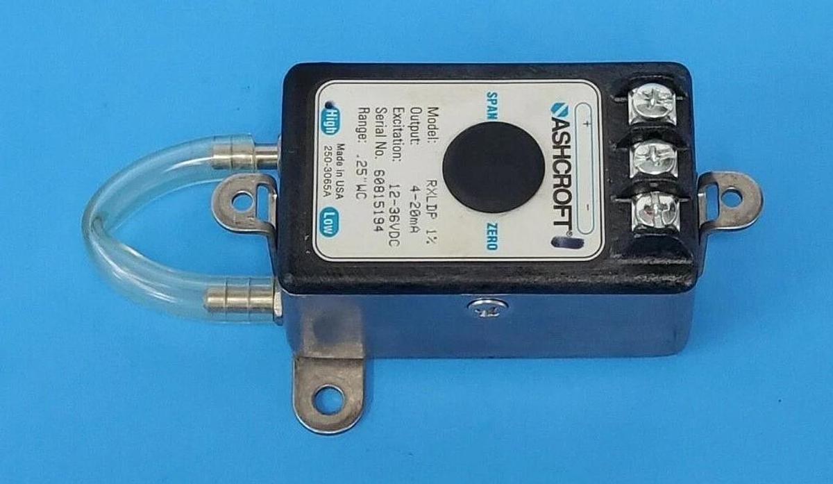 Used ASHCROFT RXLDP 1% PRESSURE TRANSMITTER 4-20mA, 12-36VDC, 0.25" WC RANGE
