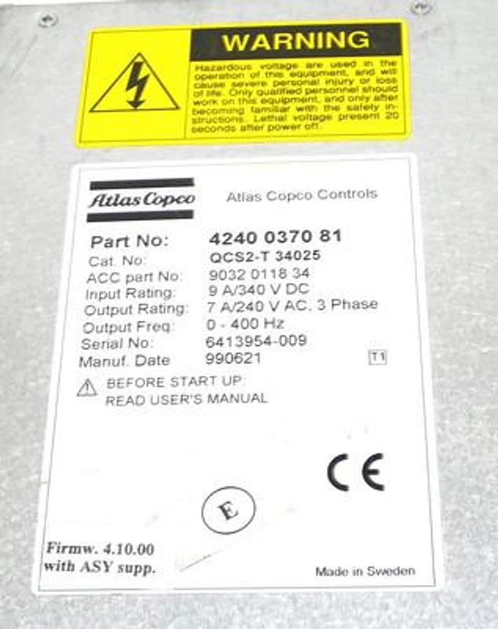 Used ATLAS COPCO 4240 0370 81 SERVO CONTROL MODULE QCS2-T 340 25 ACC P/N: 9032011834