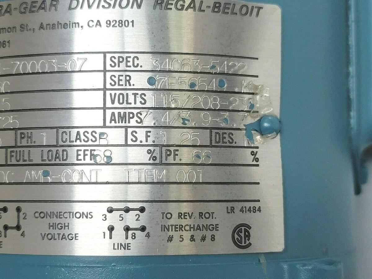 ELECTRA-GEAR 64-70003-07 FRAME 56C H.P. 0.5 RPM: 1725 W/ 17RLSC5 RATIO: 12.5/1