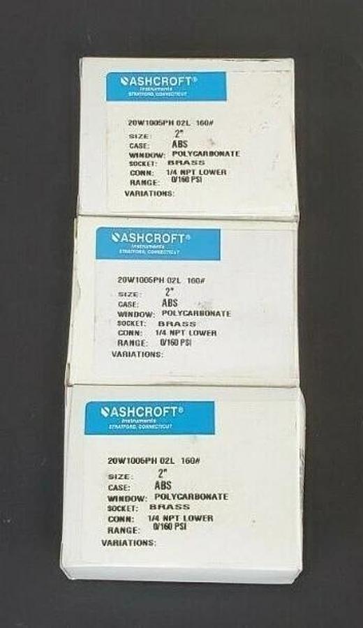 LOT OF 3 NIB ASHCROFT 20W1005PH 02L 160# PRESSURE GAUGES, 2", 0-160PSI, 1/4" NPT