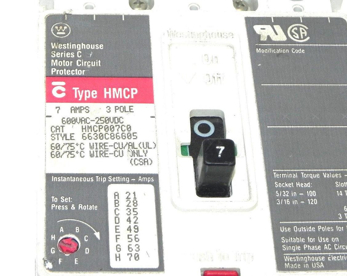 Used WESTINGHOUSE HMCP007C0 CIRCUIT BREAKER 7AMP W/ EL3030R CURRENT LIMITER 30AMP 3P