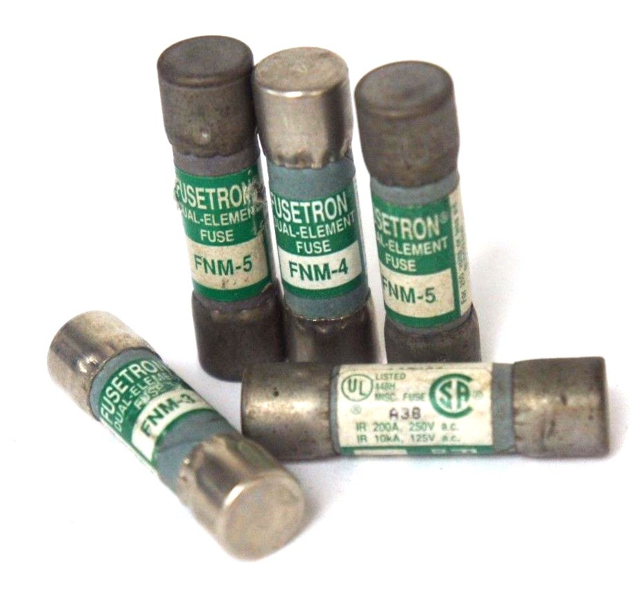 Used LOT OF 5 COOPER BUSSMANN FUSETRON FNM-5, FNM-4, FNM-3 DUAL ELEMENT FUSES