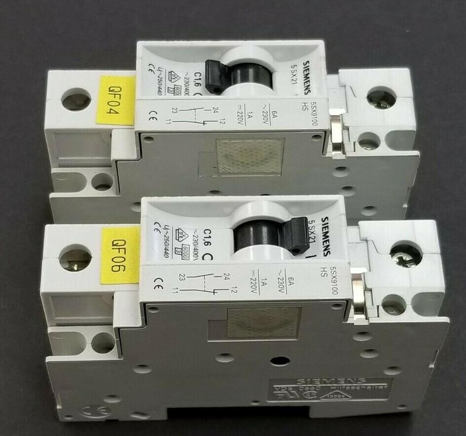 Used LOT OF 2 SIEMENS 5SX21-C1-6 CIRCUIT BREAKERS W/ 5SX9100-HS CONTACT BLOCKS