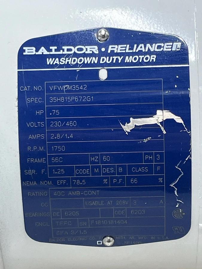 Baldor VFWDM3542 Washdown Motor 0.75HP 1750RPM 56C 3PH Stainless NEMA 4X