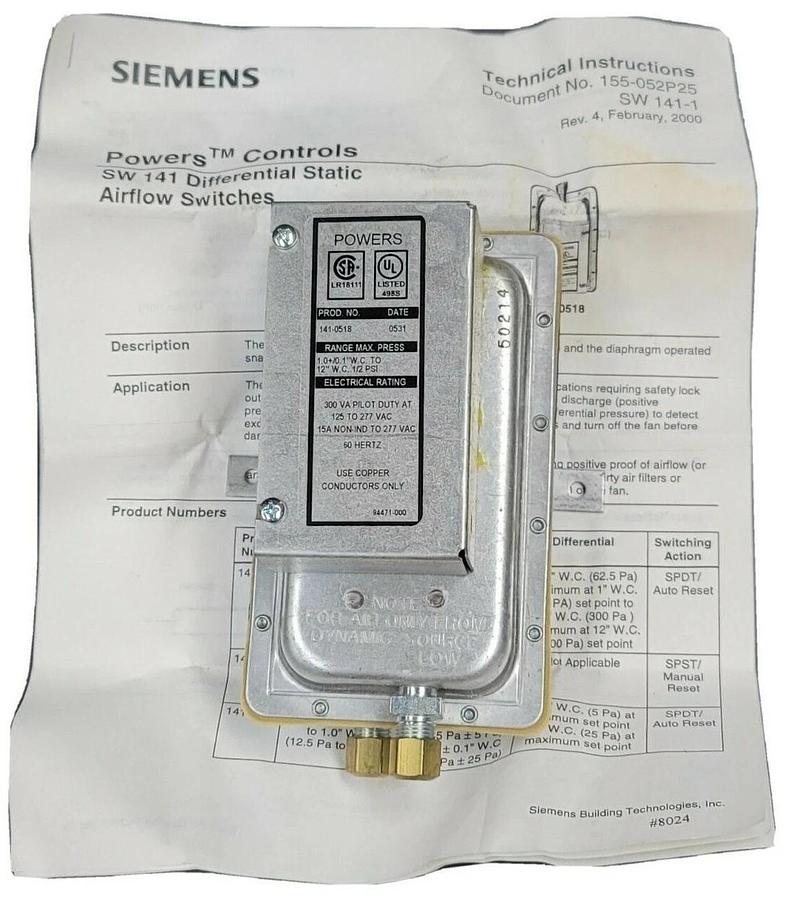 Used NIB POWERS 141-0518 AIR FLOW SWITCH 1410518