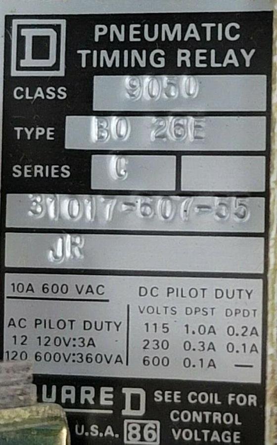 Used NEW SQUARE D 9050-B0 26E SER. C AC PNEUMATIC TIMING RELAY 9050B026E 9050BO26E