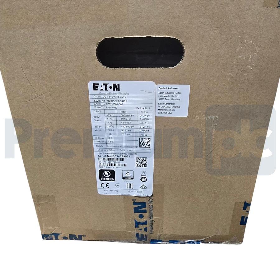 Used Eaton DG1-34046FB-C21C PowerXL DG1 VFD Drive 30HP 400V 3Ph 9702-3006-00P NSFS