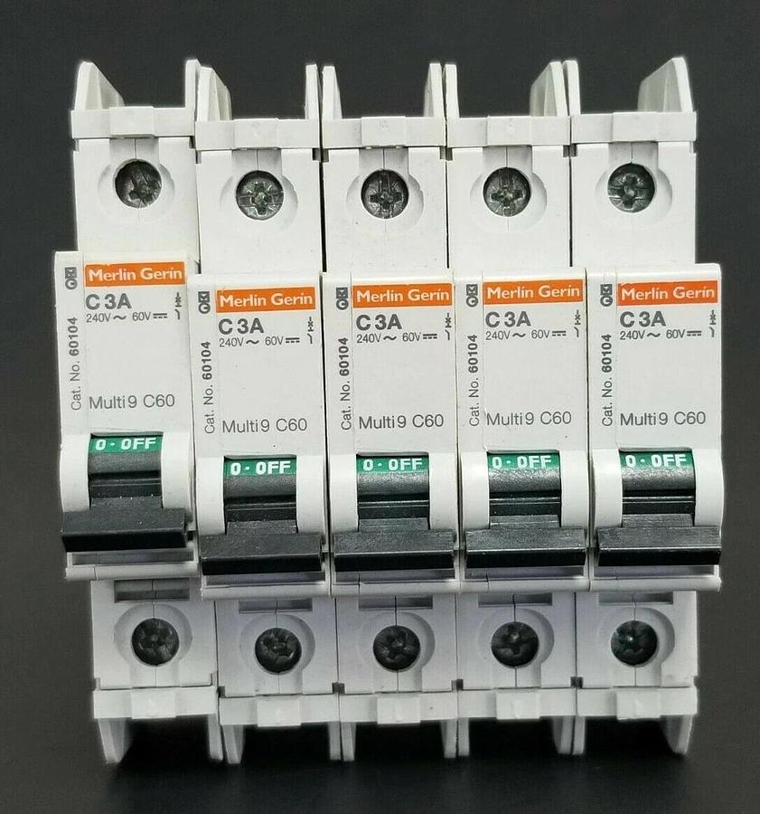 Used LOT OF 5 MERLIN GERIN CAT. NO. 60104 MULTI9 C60 CIRCUIT BREAKERS C3A 240V/60V