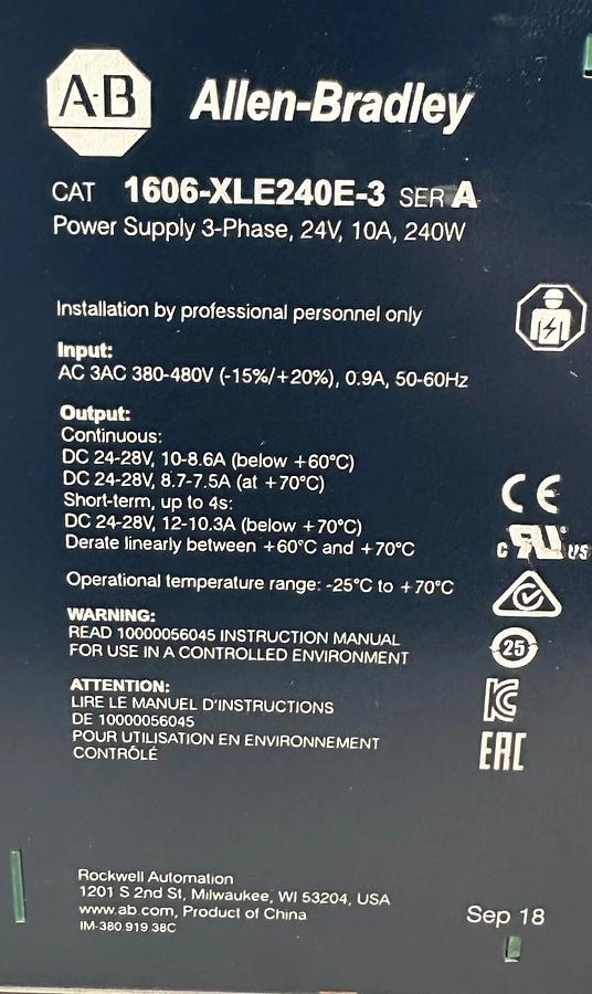 Used ALLEN BRADLEY 1606-XLE240E-3 /A 1606-XLE POWER SUPPLY 3-PH 24V 10A 1606XLE240E3