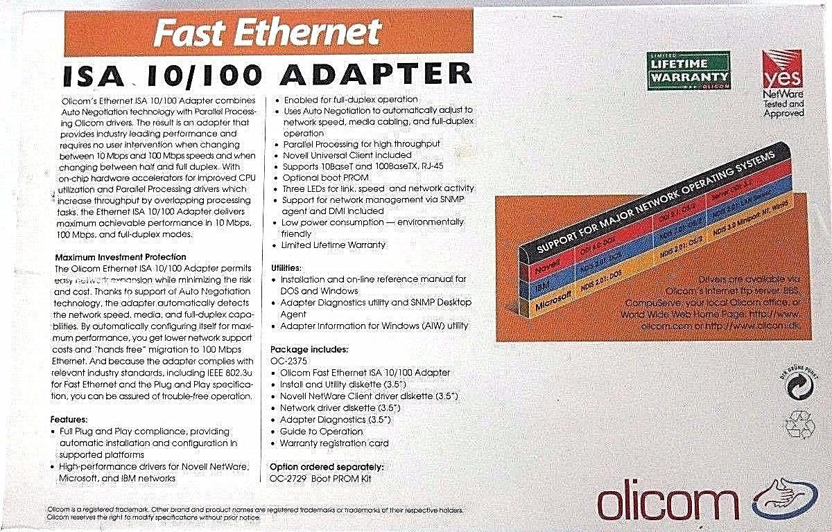 NEW SEALED OLICOM OC-2325 FAST ETHERNET ISA 10/100 ADAPTER 23251551