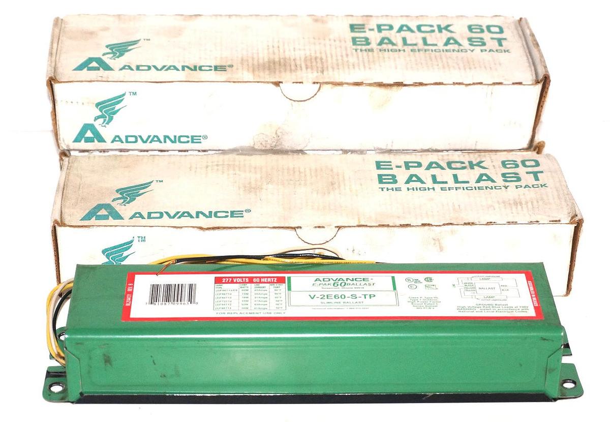 Used LOT OF 3 ADVANCE V-2E60-S-TP E-PAK 60 BALLAST 277V 60HZ V2E60STP