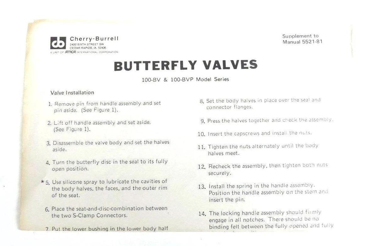 NIB CHERRY-BURRELL 100-BV BUTTERFLY VALVE 3026048, 15-EB, 100BV