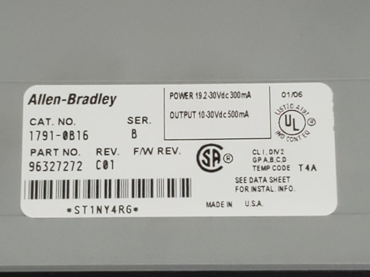 Used ALLEN BRADLEY 1791-0B16 I/O BLOCK 17910B16 SER. B REV. C01, 24VDC, P/N: 96327272