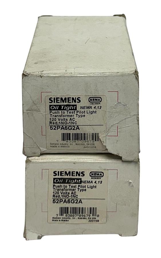 Used 2 SIEMENS 52PA6G2A Oil Tight PUSH TO TEST PILOT LIGHTS 120VAC RED 1NO-1NC NSMP