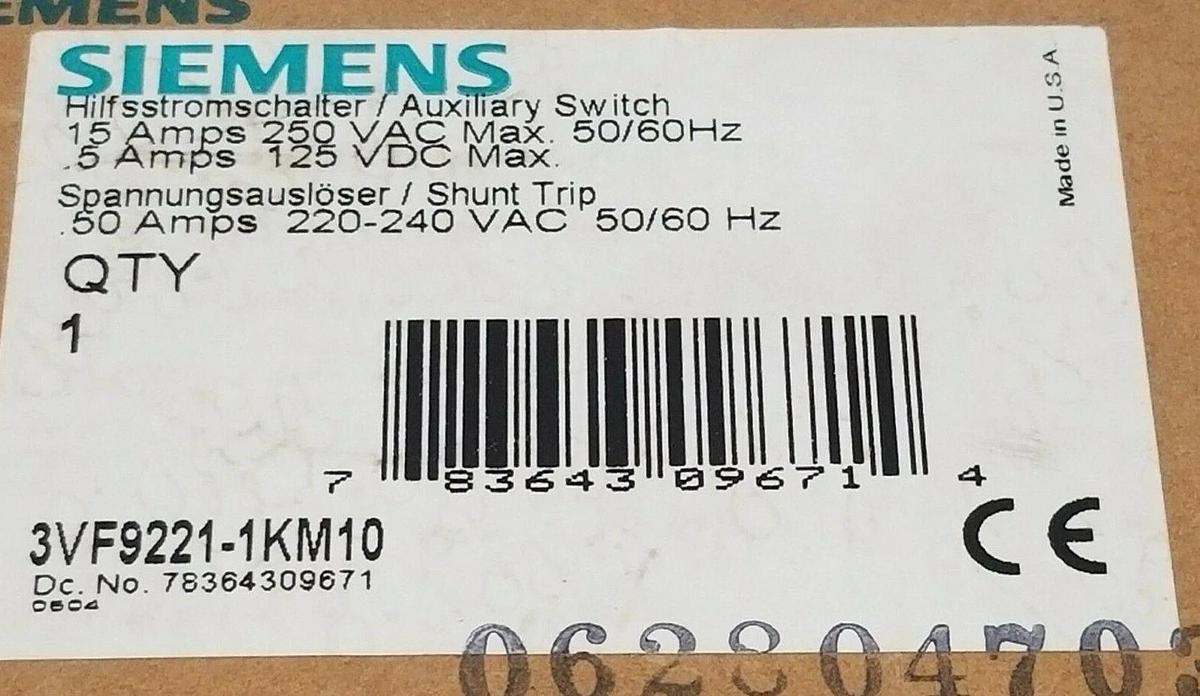 Used NIB SIEMENS 3VF9221-1KM10 AUXILIARY SWITCH / SHUNT TRIP 220-240VAC 50/60HZ