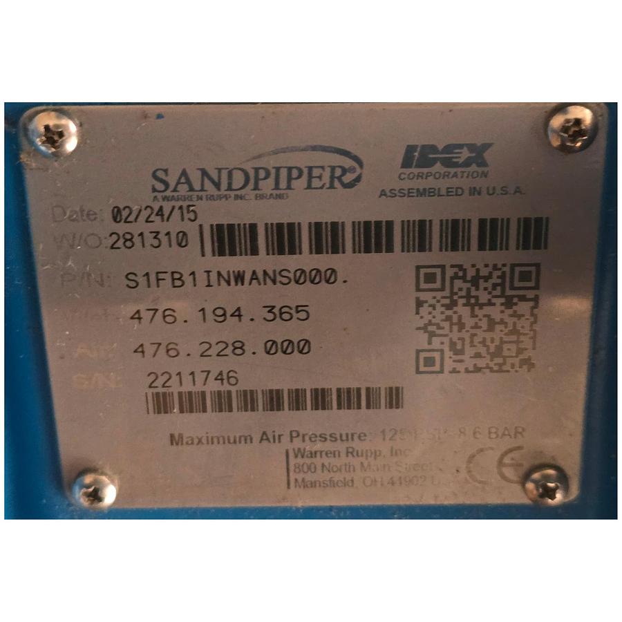 Used WARREN RUPP SANDPIPER S1FB1INWANS000 DOUBLE-DIAPHRAGM (AODD) PUMP 1" NSNP (READ)