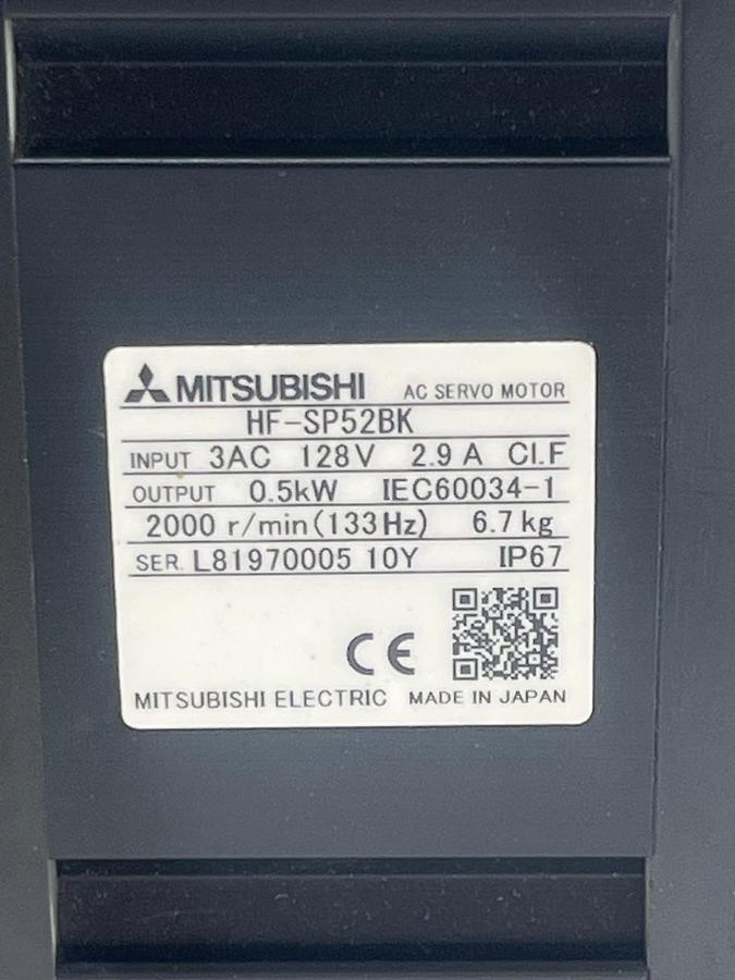 Used MITSUBISHI HF-SP52K AC Servo Motor 0.5kW 500W 2000 RPM w/ Brake MELSERVO J3 Ser.