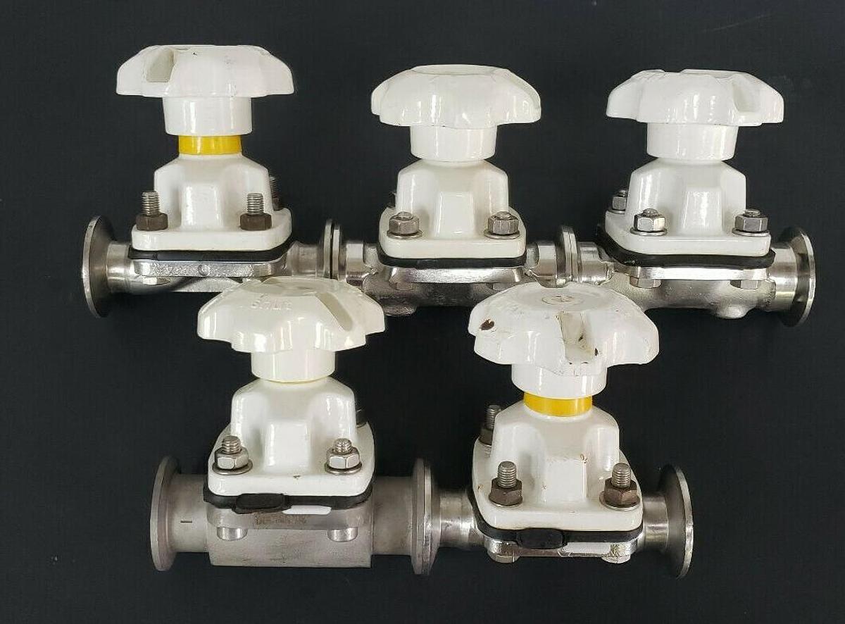 Used LOT OF 5 SAUNDERS DIAPHRAGM VALVES WITH 7/8" ID X 2" OD VALVE BODIES