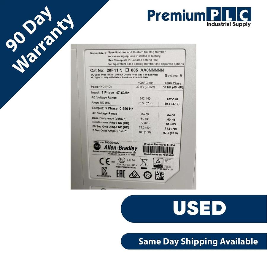 Used ALLEN BRADLEY 20F11ND065AA0NNNNN /A POWERFLEX 753 AC DRIVE 480VAC/3PH/65A/50HP