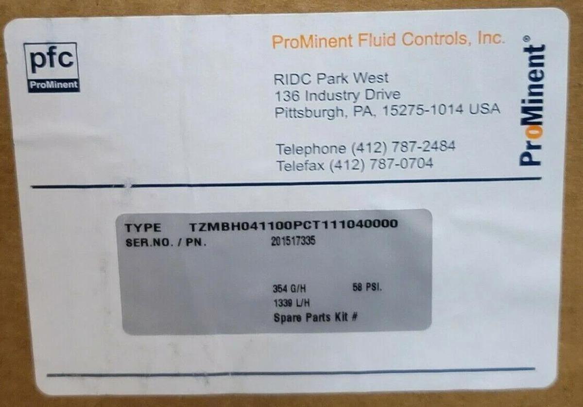 Used NEW PROMINENT TZMBH041100PCT111040000 354 G/H 58 PSI. 1339 L/H P/N: 20.1517335