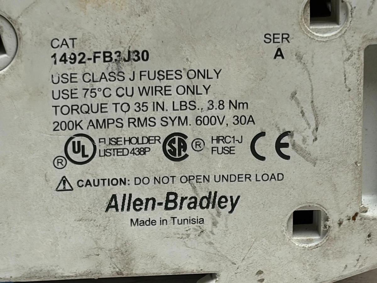 Used Allen-Bradley 1492-FB3J30 Class J Fuse Holder 3-Pole 30A 600V DIN Rail
