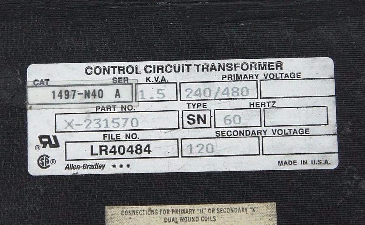 Used NIB ALLEN BRADLEY 1497-N40 SER. A 1500VA CONTROL CIRCUIT TRANSFORMER 1497N40