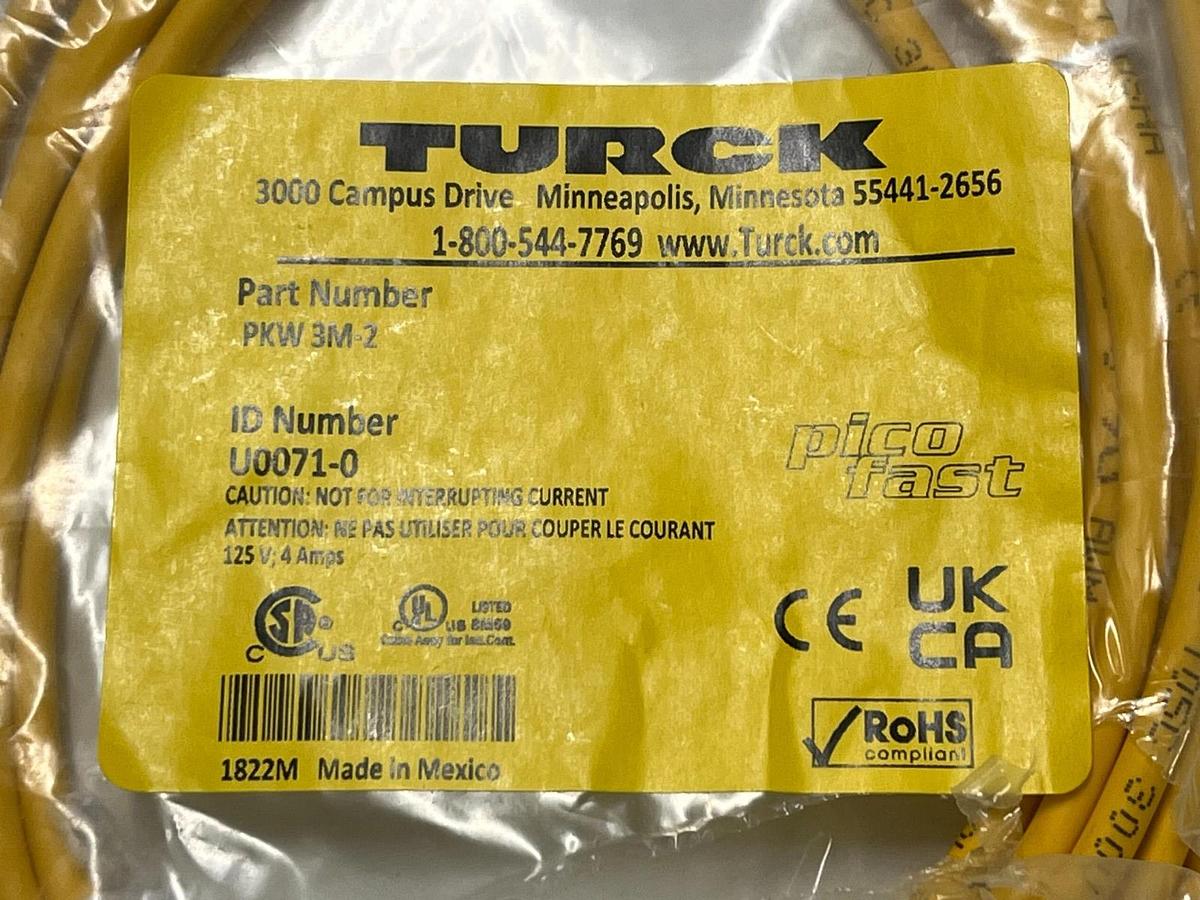 Used (2) TURCK PKW 3M-2 Right Angle Female M8 Cordset Cable 3-Pin Pigtail 2Meter NSMP