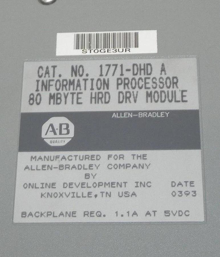Used ALLEN BRADLEY 1771-DHD INFORMATION PROCESSOR 80 MBYTE HRD DRV MODULE 1771-DHD/A